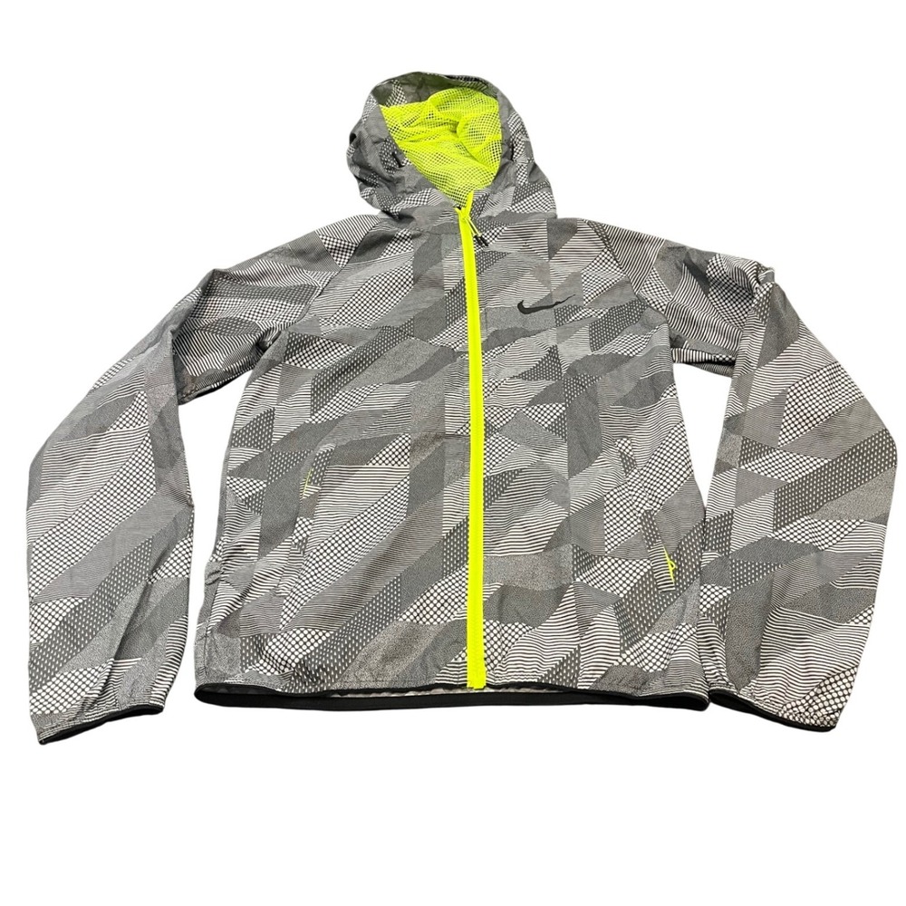 Nike Windrunner Jacket Mens‎ XS Gray Geometric Volt Yellow Hooded 687563-012